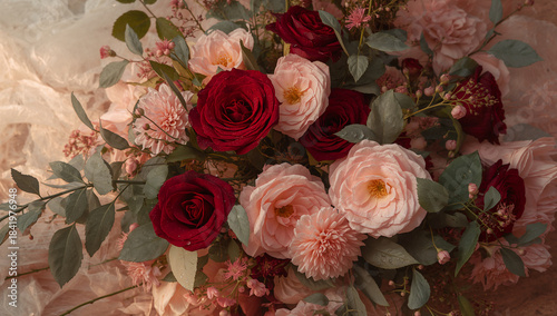 ブライダル関連のタイトルやロゴを載せやすい落ち着いたバラのフラワー背景.生成AI