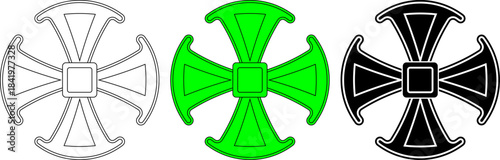 Set of Canterbury cross symbols in outline, neon green, and black versions with bold graphic style