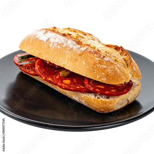Grilled chorizo sausage in a crusty bread roll known as choripán a popular argentine street food isolated on white background
