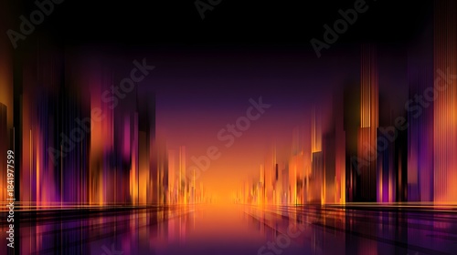 Abstract depiction of a futuristic cityscape at twilight exhibits motion blur and vibrant illumination