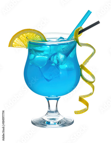 Vibrant blue lagoon cocktail in a tall glass, a sweet and citrusy vodka-based drink with a slice of orange, isolated on white background