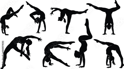 Gymnastics Silhouettes in Action: An artistic view of female gymnasts showcases elegance and athleticism as they perform a series of graceful movements, a tribute to the power of the human body.