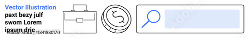 Business services, financial planning, digital search, data analysis, professional tools, online research. a briefcase, coin and search bar with magnifying glass. Business services and financial