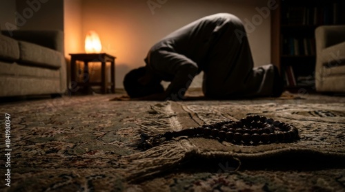 Peaceful Low Light Interior of Tahajjud Prayer with Silhouette