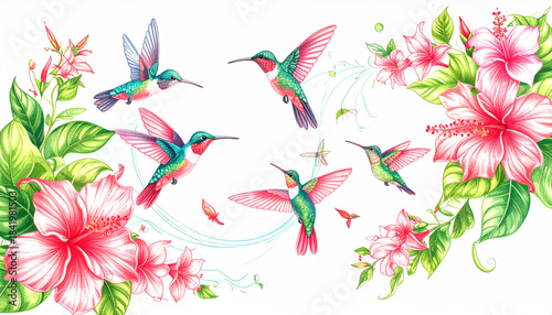 Soft Colored Pencil Tropical Flower & Hummingbird Doodles for Eco Tour Brochure