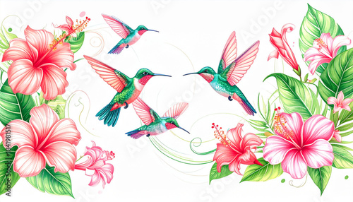 Soft Colored Pencil Tropical Flower & Hummingbird Doodles for Eco Tour Brochure