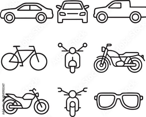 Various black and white line art icons of vehicles and transportation methods isolated on white background, Vector, illustration