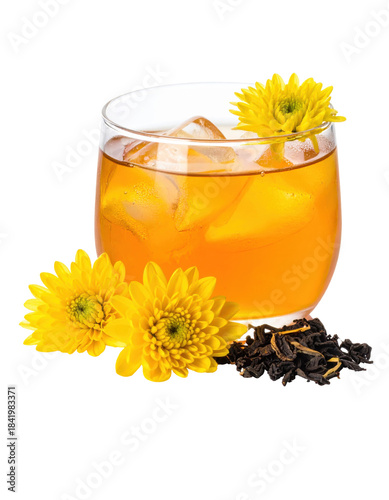 A clear glass of iced chrysanthemum tea, showcasing its pale yellow hue and delicate floral essence, isolated on white background