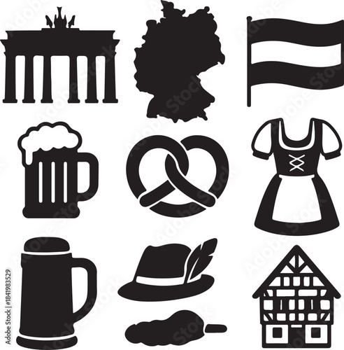 A comprehensive collection of traditional german icons including landmarks and cultural symbols isolated on white background, Vector, illustration