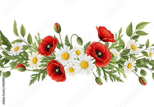Vibrant floral arrangement featuring red poppies white daisies and lush green foliage on black