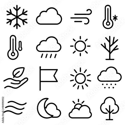 Weather Icons: Collection of line art weather symbols including snow, clouds, wind, temperature and other weather elements to help the viewer better understand weather