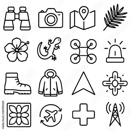 Essential Travel and Adventure Icons: A collection of meticulously crafted, clean, and modern icons perfectly capture the essence of travel, exploration, and the great outdoors. Each icon.