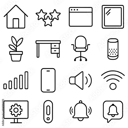 Minimalist Icons Collection: A collection of simple, black and white line icons representing various everyday objects and digital elements, perfect for design and digital applications.