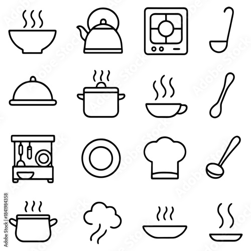 Kitchen Utensils and Cookware Icons: A collection of meticulously crafted, minimalist line art icons representing essential kitchen utensils and cookware.