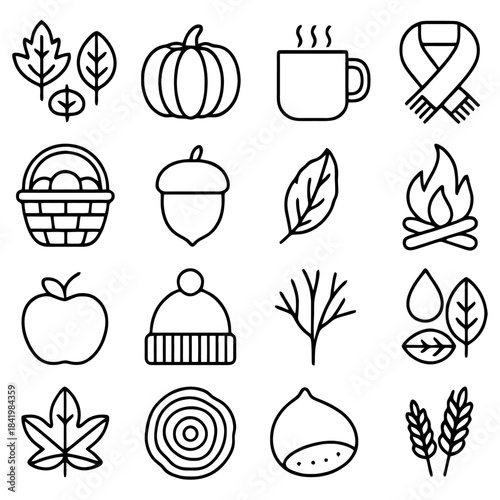 Autumnal Icons: A collection of simple black line art icons evoking the cozy essence of autumn with its leaves, harvest, and warmth.