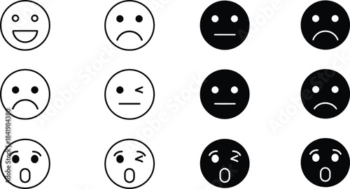Collection of diverse facial expressions emoticons silhouette isolated on transparent background