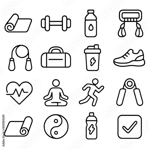 Fitness Icon Set: An extensive collection of minimalist line icons representing various elements of fitness and wellness, perfect for any health-related design.