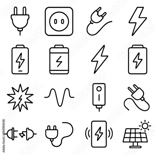 Electrical Elements: A collection of concise line art illustrations, depicting various electrical components, emphasizing the fundamental elements of power and energy. 