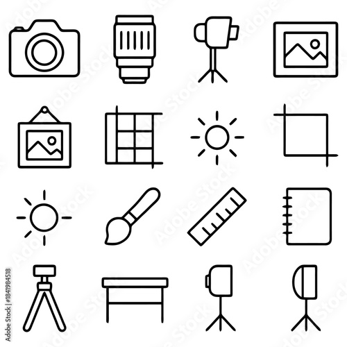 Photography essentials icon: A captivating collection of iconic photography elements. including the tools and elements essential for the art of capturing moments and creative expression.