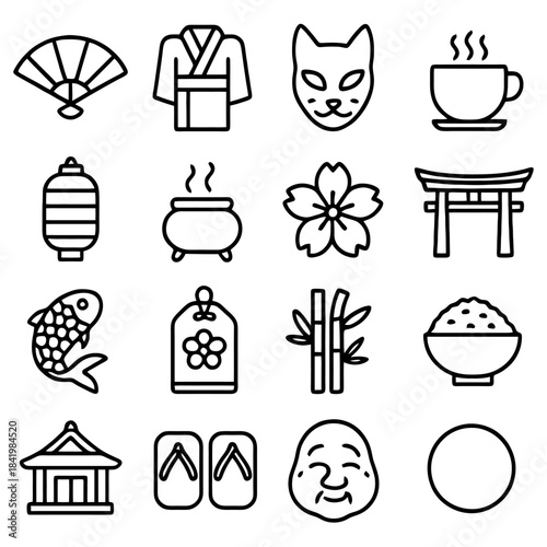Japanese cultural icon set: A collection of traditional japanese icons, fan, kimono, mask, teacup, lantern, incense pot, cherry blossom, gate, fish, amulet, bamboo, bowl of rice, temple, sandals.