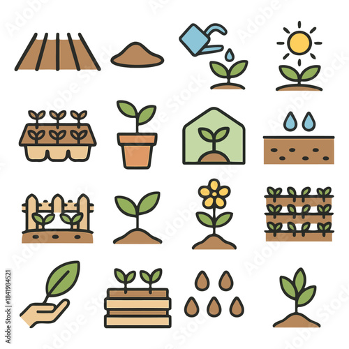 Gardening Essentials: A collection of simple illustrations capturing the stages of growth, from planting seeds to nurturing blossoms. A visual representation of nature's process.