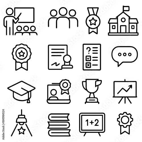 Education and Achievement Icons: A collection of meticulously crafted icons represents various aspects of learning, academic success, and educational progress.