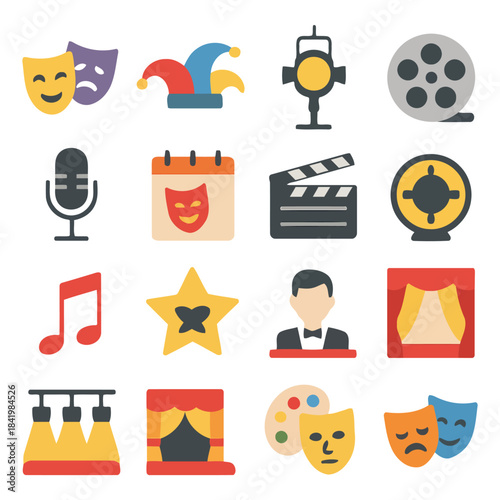 Entertainment Icons: A vibrant collection of entertainment and performing arts icons, set against a soft backdrop, ideal for projects related to theater, cinema, music, and the entertainment industry.