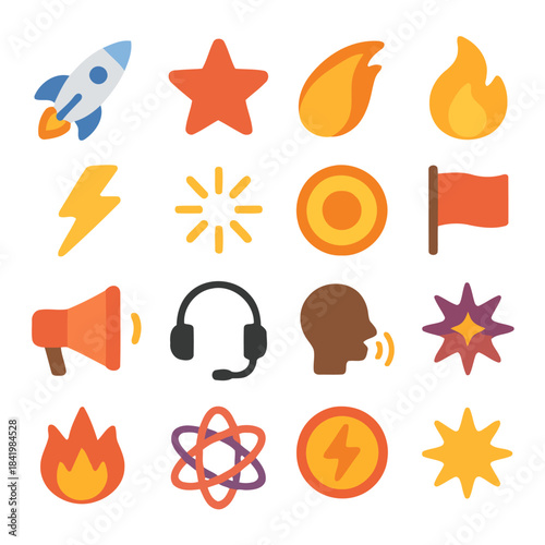 Iconic Elements for Illustration: A vibrant collection of digital icons bursts with energy and creativity, ready to add a touch of flair to any project. Perfect for visual story telling.
