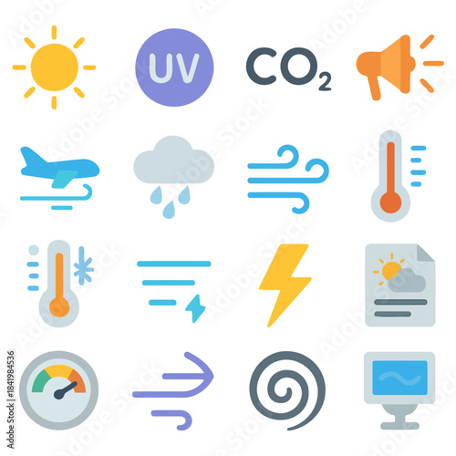 Weather Icon Set: A vibrant collection of weather icons, symbols, and concepts, perfectly crafted to visualize meteorological phenomena and conditions. This set, including sun, clouds, and wind.
