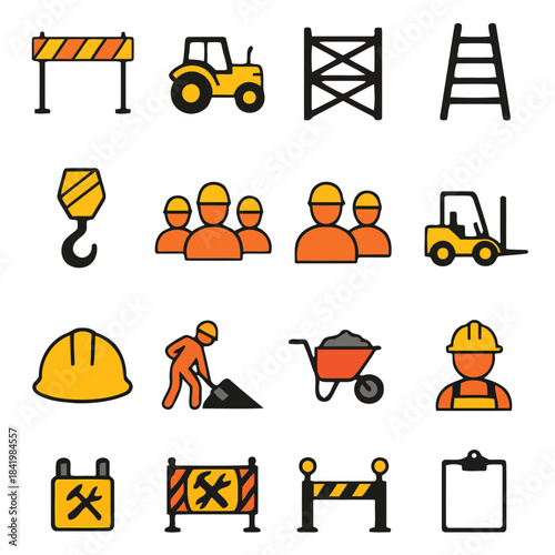 Construction Icons Set: A comprehensive collection of construction-related icons, symbolizing various aspects of building and infrastructure development, highlighting the tools, workers.