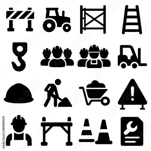 Construction Icons: A collection of various construction-related icons, each representing different aspects of the construction industry. The simple.