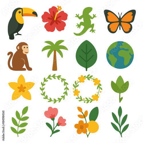 Exotic tropical set with Flora and Fauna: A vibrant collection of tropical flora and fauna illustrations showcasing a diverse range of botanical and animal elements.