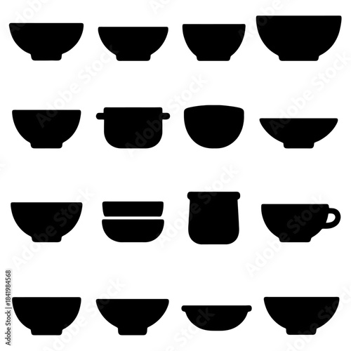 Silhouette Bowls: A diverse array of bowls in varying shapes and sizes, meticulously arranged, representing the art of culinary presentation and utility.