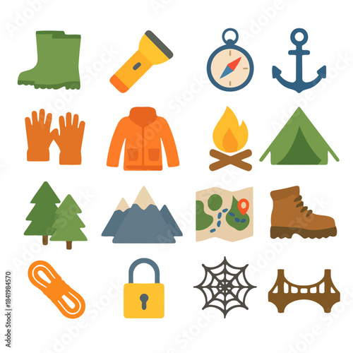 Adventure Essentials: A vibrant collection of icons representing essential equipment for exploration, embodying the spirit of outdoor adventure and the call of the wild. 