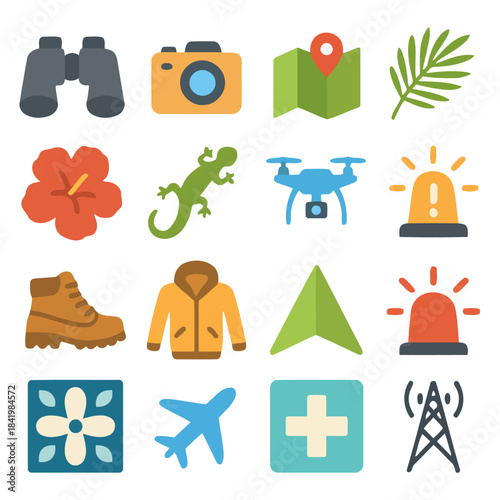 Essential Travel and Adventure Icons: A vibrant collection of travel and adventure icons perfect for illustrating various aspects of exploration and discovery.