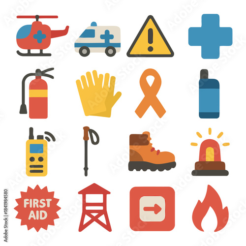 Emergency and Safety Icons: A collection of various safety and emergency icons, each representing a crucial aspect of protection and rescue