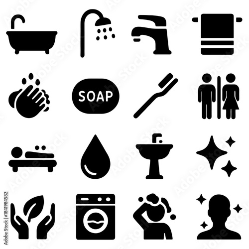 Bathroom Essentials: A collection of minimalist icons depicts the essential elements of a modern bathroom. Showcasing design and hygiene