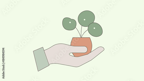 Hand Holding Potted Plant Illustration with Round Leaves.