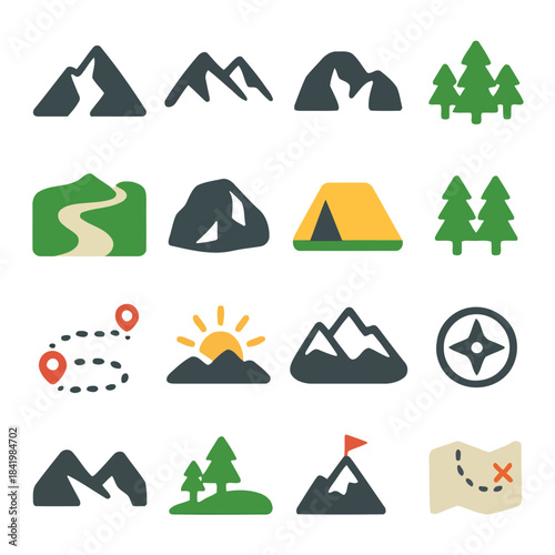 Iconic Mountain Landscape: A collection of vector illustrations showcases the beauty of the natural world, featuring mountains, trees, and compasses, perfect for outdoor and adventure themes. 
