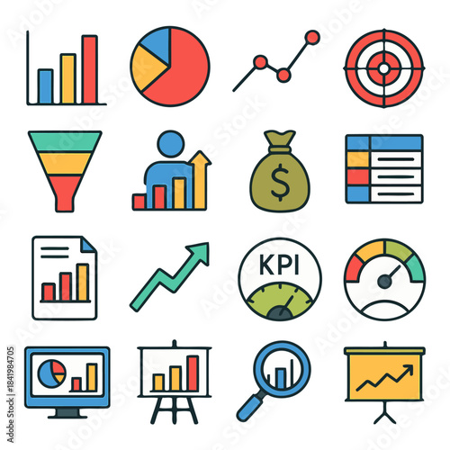 Business Data Icon Array: An array of colorful icons representing various data elements, ideal for visualizing information, and enhancing presentations.