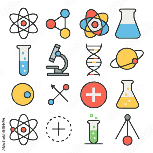 Scientific Icons Collection: A collection of meticulously crafted, colorful icons that represent various concepts. Including Atom, Molecule and test tube.
