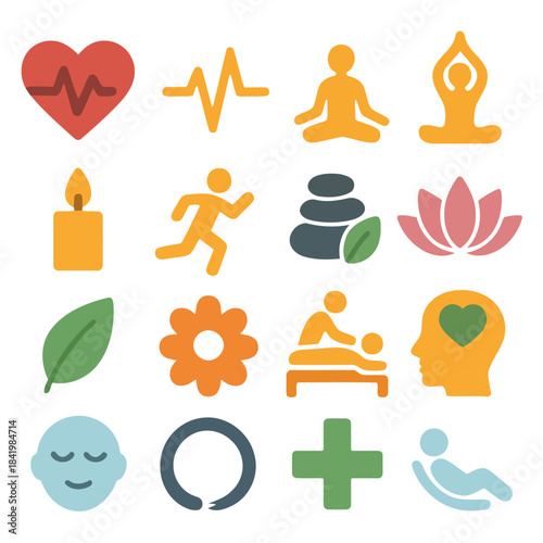 Harmony of Well-being: A vibrant collection of icons embodies holistic wellness, weaving together the essence of physical, mental, and spiritual health in a visually appealing and calming manner.