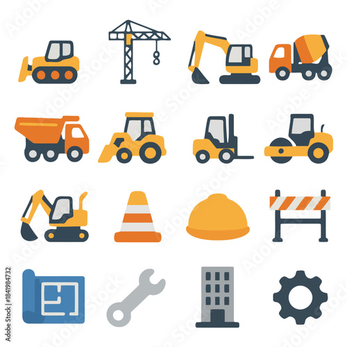 Construction Site Icons: A comprehensive collection of construction site icons, perfect for representing various elements. Each icon clearly depicts specific equipment and tools used in construction