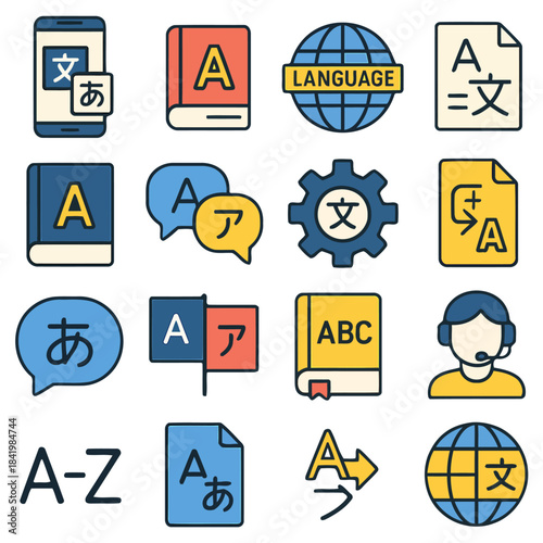 Multilingual Communication: A collection of icons representing translation and language learning, perfect for global communication and cross-cultural understanding.