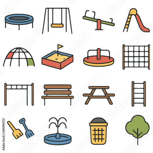 Playground elements for recreation: An eye-level shot captures a vibrant assortment of playground elements, ready for outdoor fun.