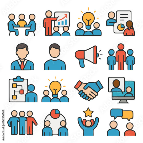 Strategic Synergy: A vibrant collection of business and teamwork icons, visualizing collaboration, innovation, and leadership for effective communication 