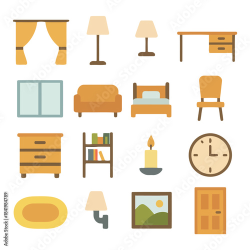 Home Interior Illustration: A charming assortment of furniture and home décor elements presented in a clean and appealing illustration