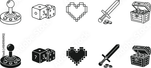 Gaming icons set including joystick dice sword and treasure chest silhouette isolated on transparent background
