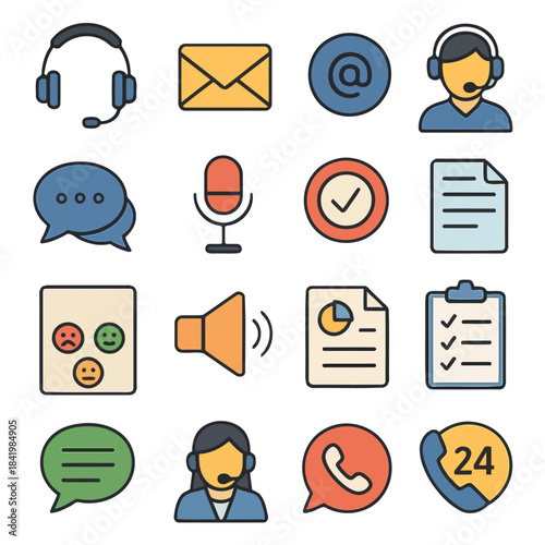Customer Service Icon Collection: A comprehensive set of illustrative icons, each meticulously designed to represent various facets of customer support, communication, and assistance.