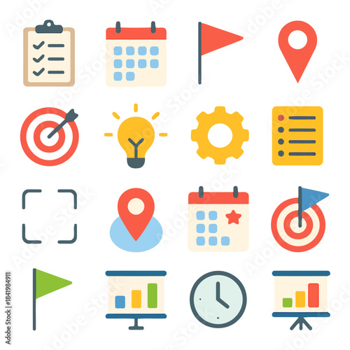 Organization Icons: A collection of various colorful icons related to organization, planning and time management. conveying efficiency, direction, and focus.